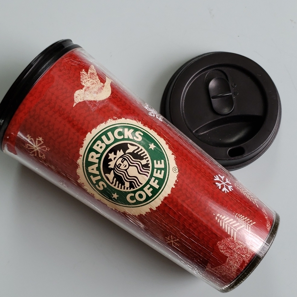 Starbucks Coffee 16oz Christmas Tumbler Hot Travel Mug 2008 Red, Tree, Dove,